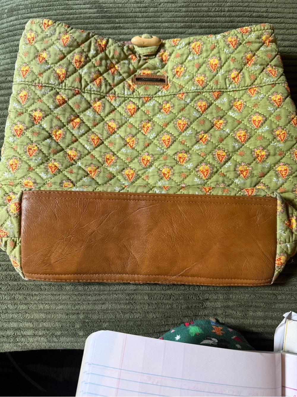 Longaberger Quilted Green Floral Tote with Brown Leather Accent